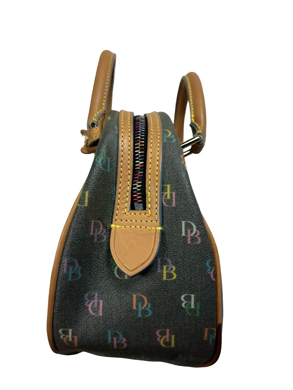 Dooney & Bourke DB Multicolor Monogram Round Satchel Leather Trim Bag Purse